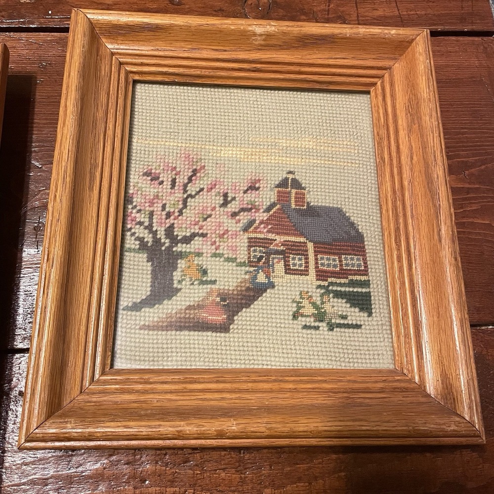 Vintage Needlepoint Crewel Framed County Wall Art Country School Scene 9.5x10.5"